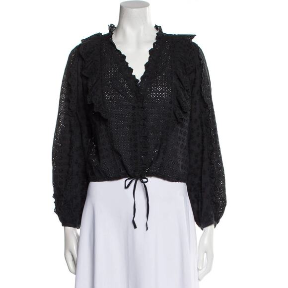 Unsubscribed Black Eyelet V-neck Balloon Sleeve Ruffle Frill Crop Blouse Top 4 - Picture 1 of 11